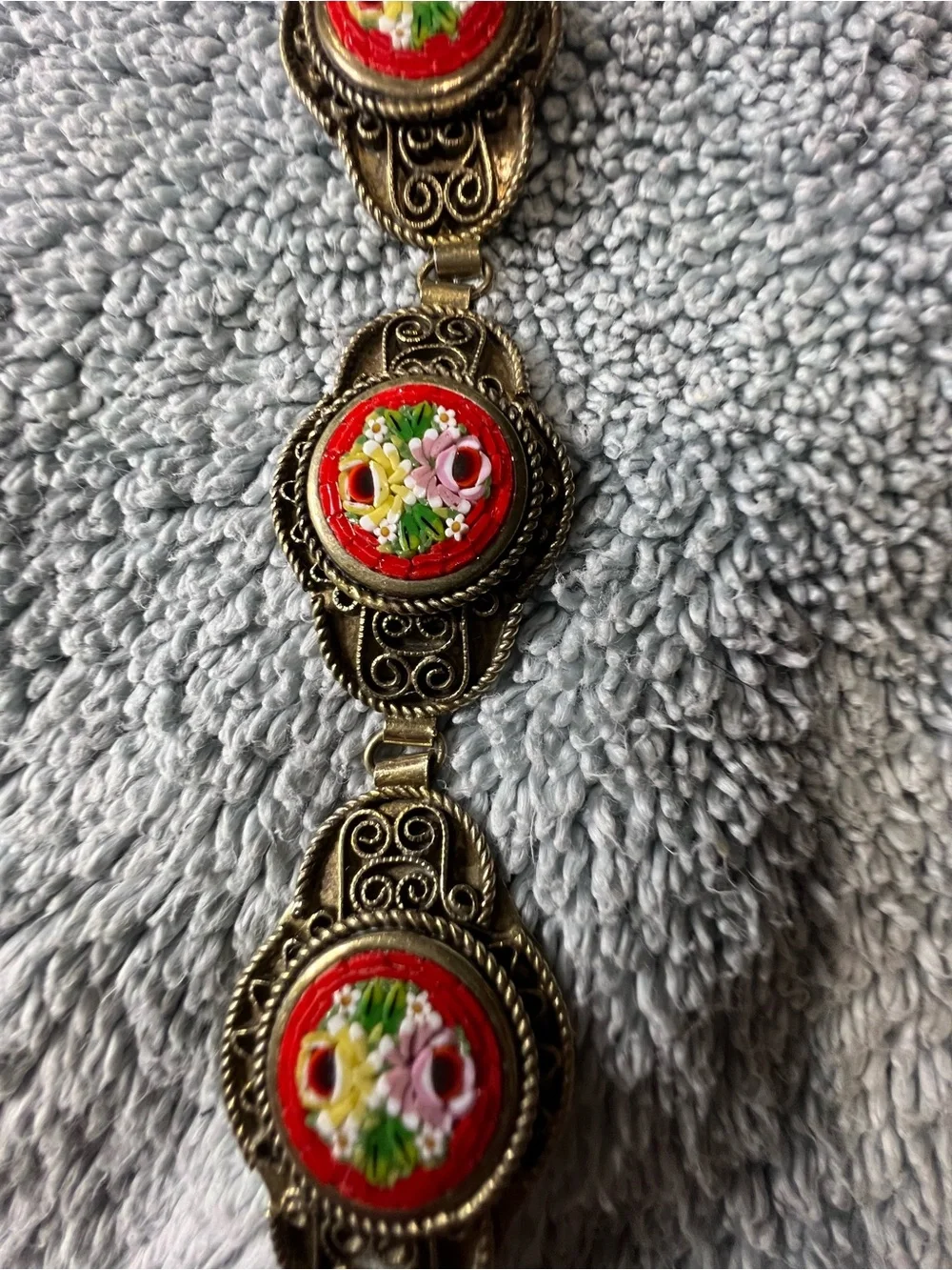 Vintage Italian Floral Red Enamel Link Bracelet